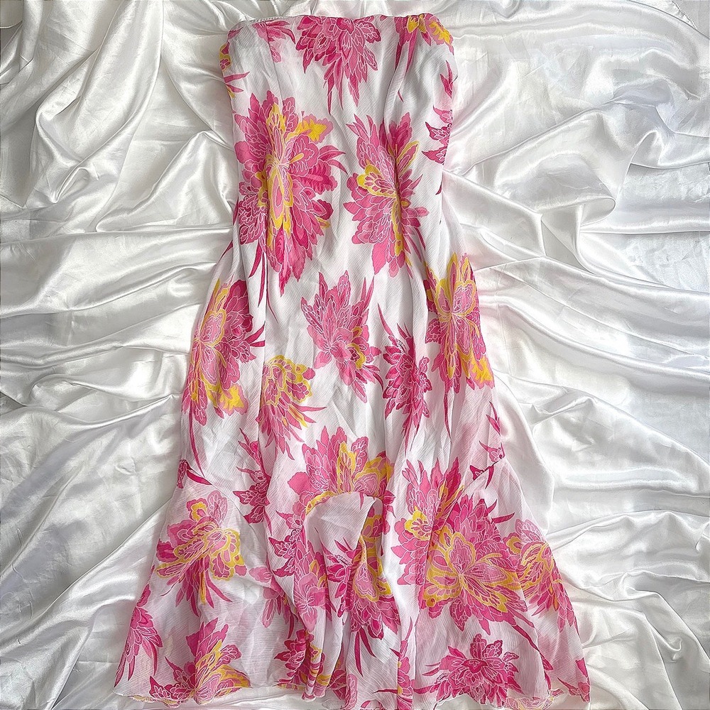 Cato Woman Pink Floral Strapless Midi Dress Plus Size 14/16W White Yellow